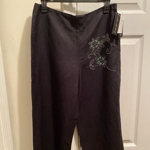 Larry Levine Women's Size 10 Linen-Blend Black Cropped Embellished Pants